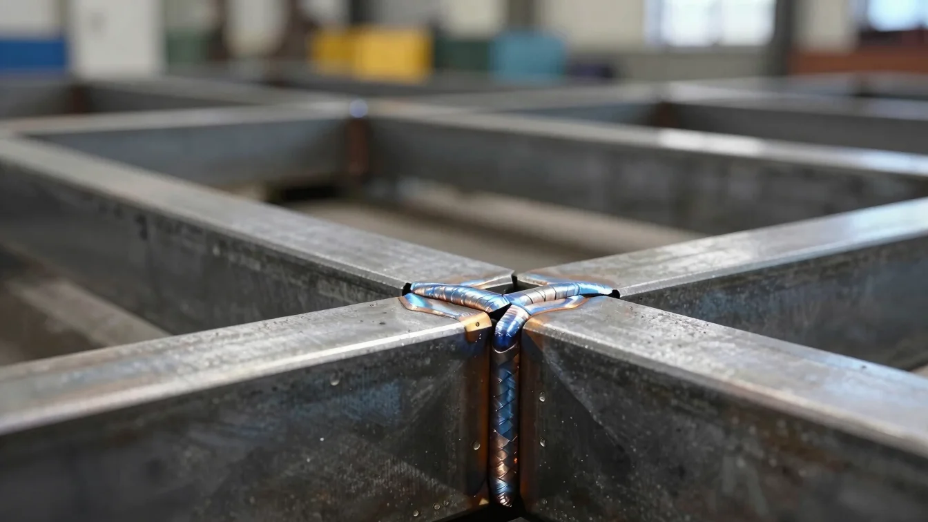 Close-up macro shot of precision welded seams and steel framing under factory task lighting.