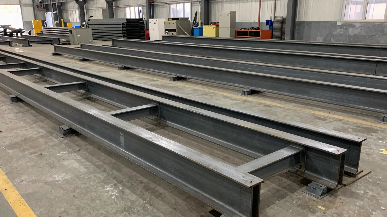 Industrial shop floor view of structural steel frames and assembled metal components.