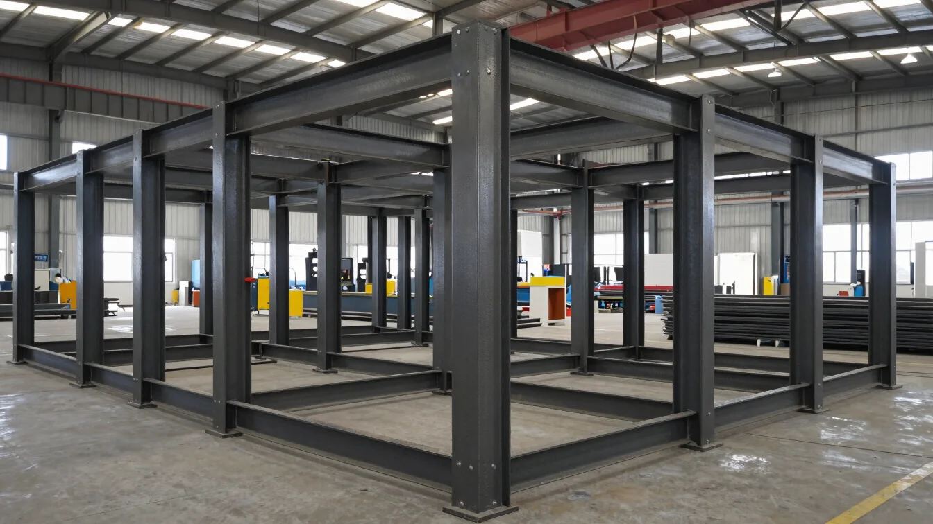 Structural steel frames in a fabrication shop, authentic factory lighting, graphite tones