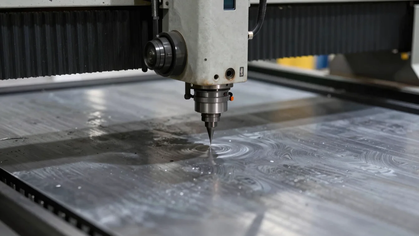 CNC laser cutting in progress on raw metal plate, sharp focus, 35mm lens