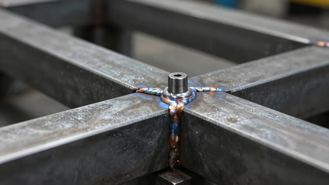 Close-up macro shot of precision welded seams, raw steel and graphite tones