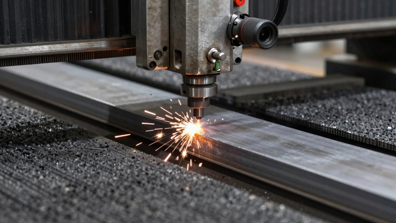 Close-up macro shot of CNC laser cutting steel stock with sparks and clean edges.