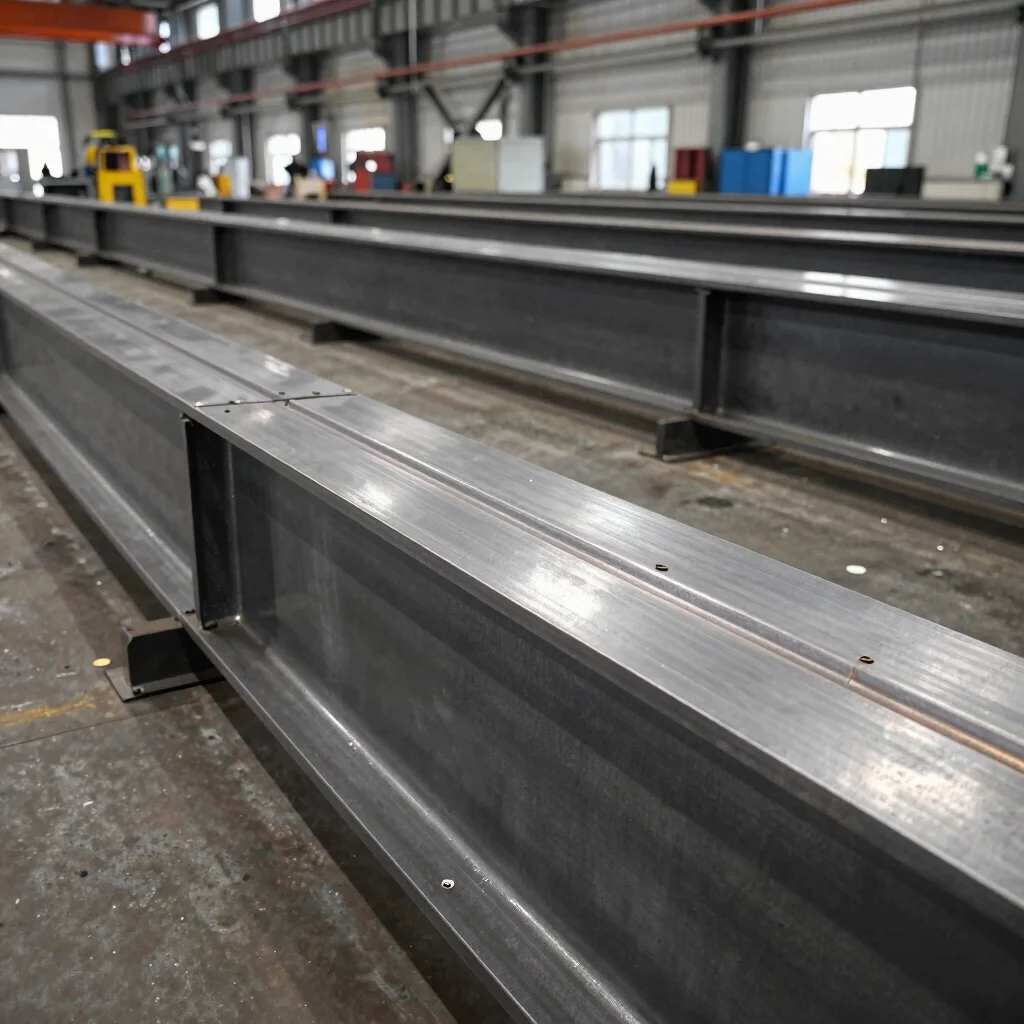 Precision welded seams on structural steel, sharp focus, factory lighting
