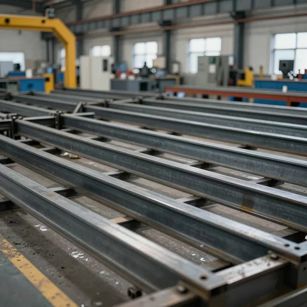 Industrial shop floor view with steel frames and fabrication equipment