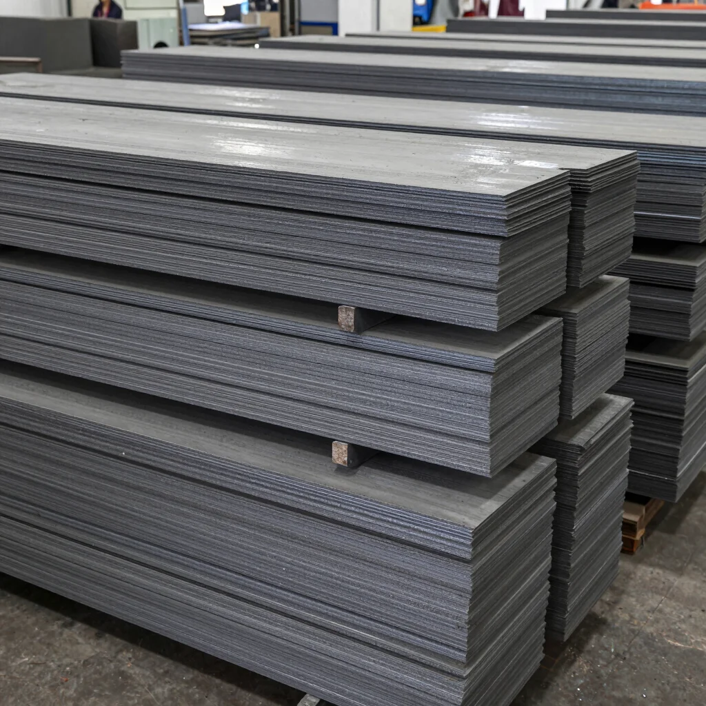Raw metal stock stacked in a manufacturing facility, industrial graphite tones